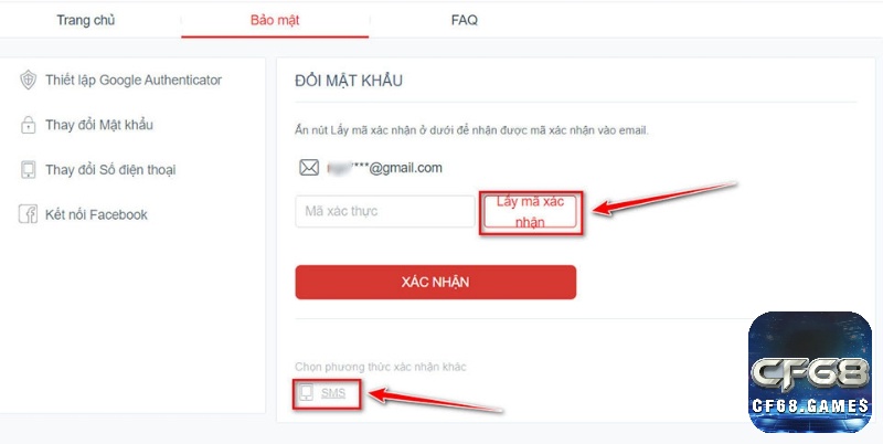 Lựa chọn lấy mã xác nhận qua email hoặc sms